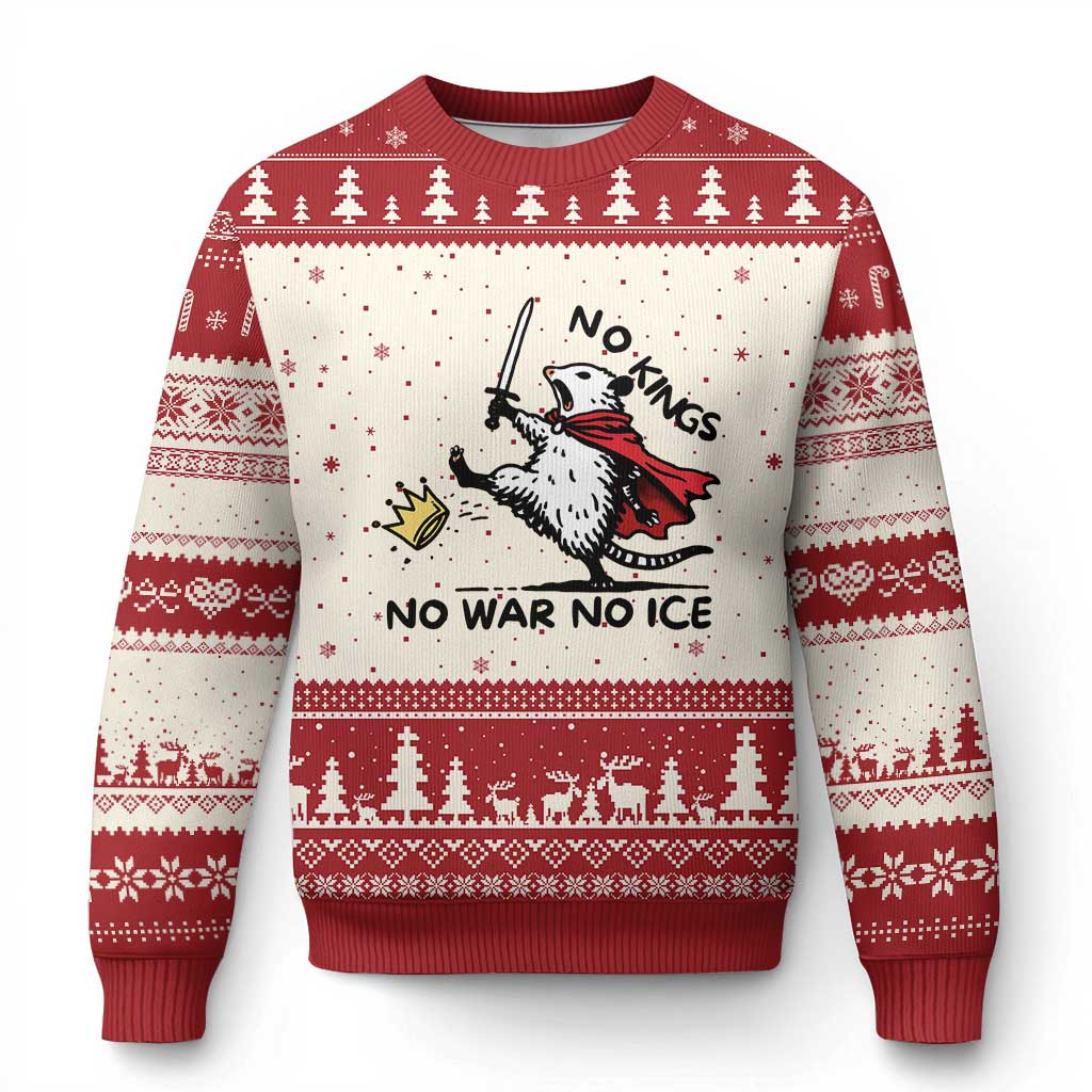 Funny Opossum Warrior Political Gift Ugly Christmas Sweater No Kings No Wars No Ice TS12 Beige Red Print Your Wear