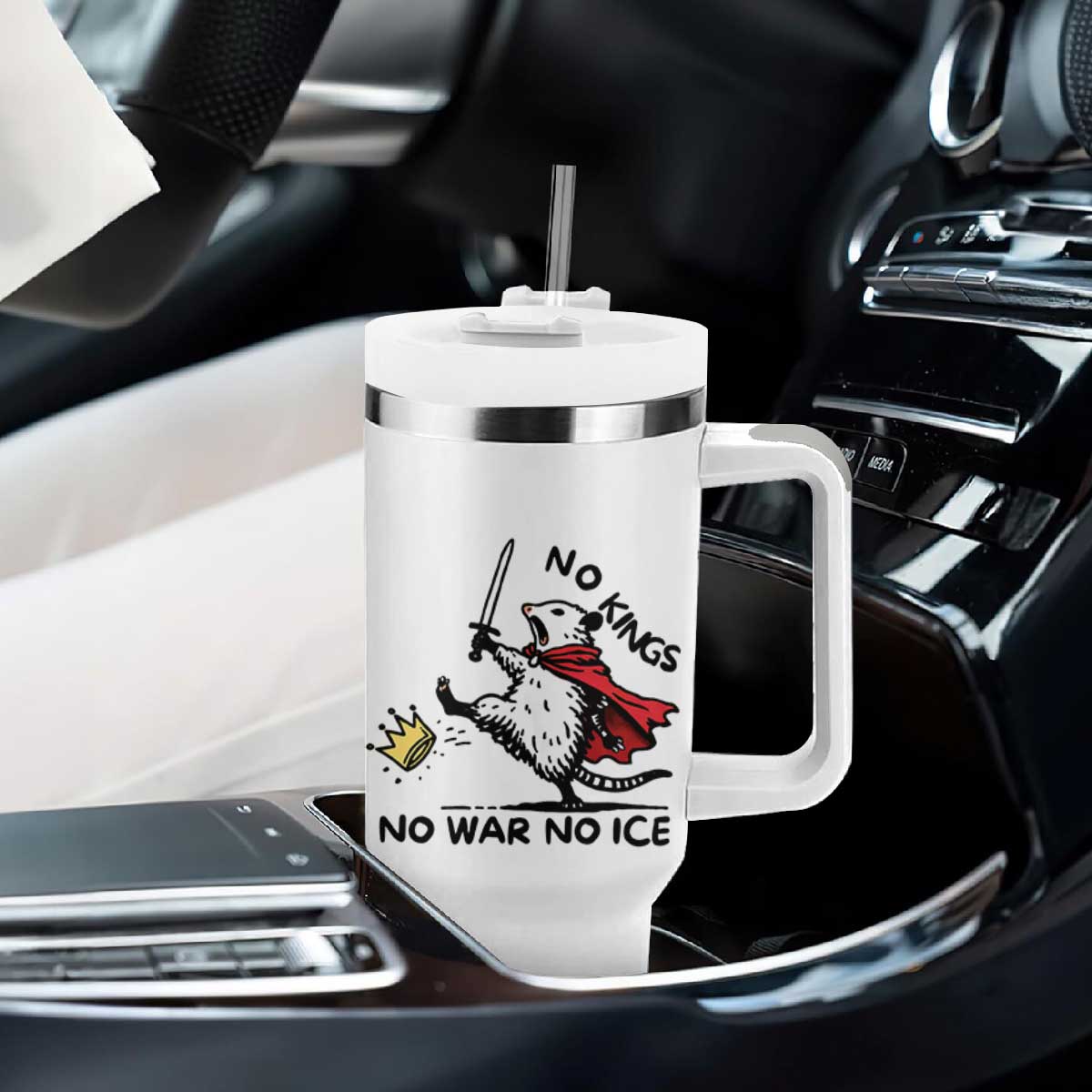Funny Opossum Warrior Political Gift Tumbler With Handle No Kings No Wars No Ice TS12 Print Your Wear