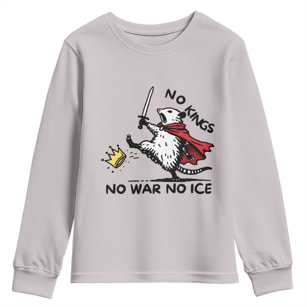 Funny Opossum Warrior Political Gift Youth Sweatshirt No Kings No Wars No Ice TS12 Ice Gray Print Your Wear