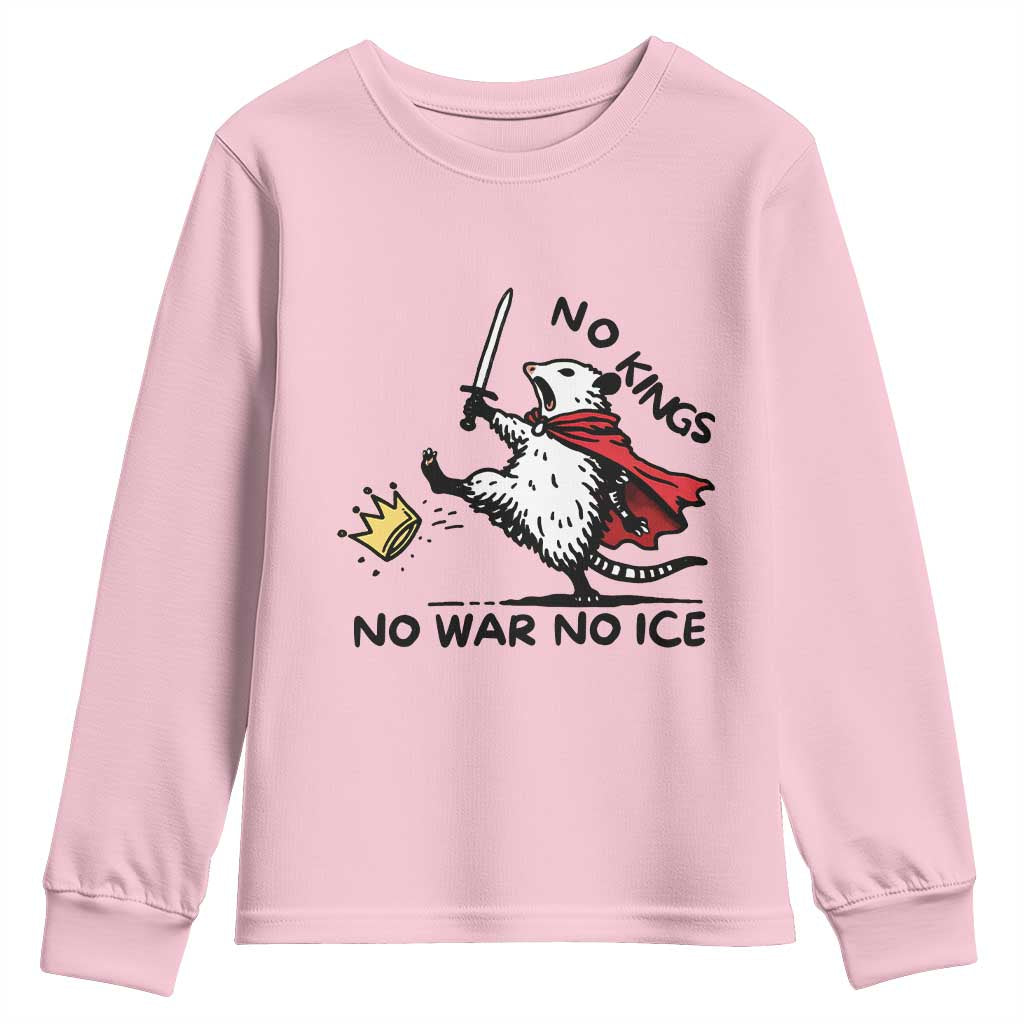 Funny Opossum Warrior Political Gift Youth Sweatshirt No Kings No Wars No Ice TS12 Light Pink Print Your Wear