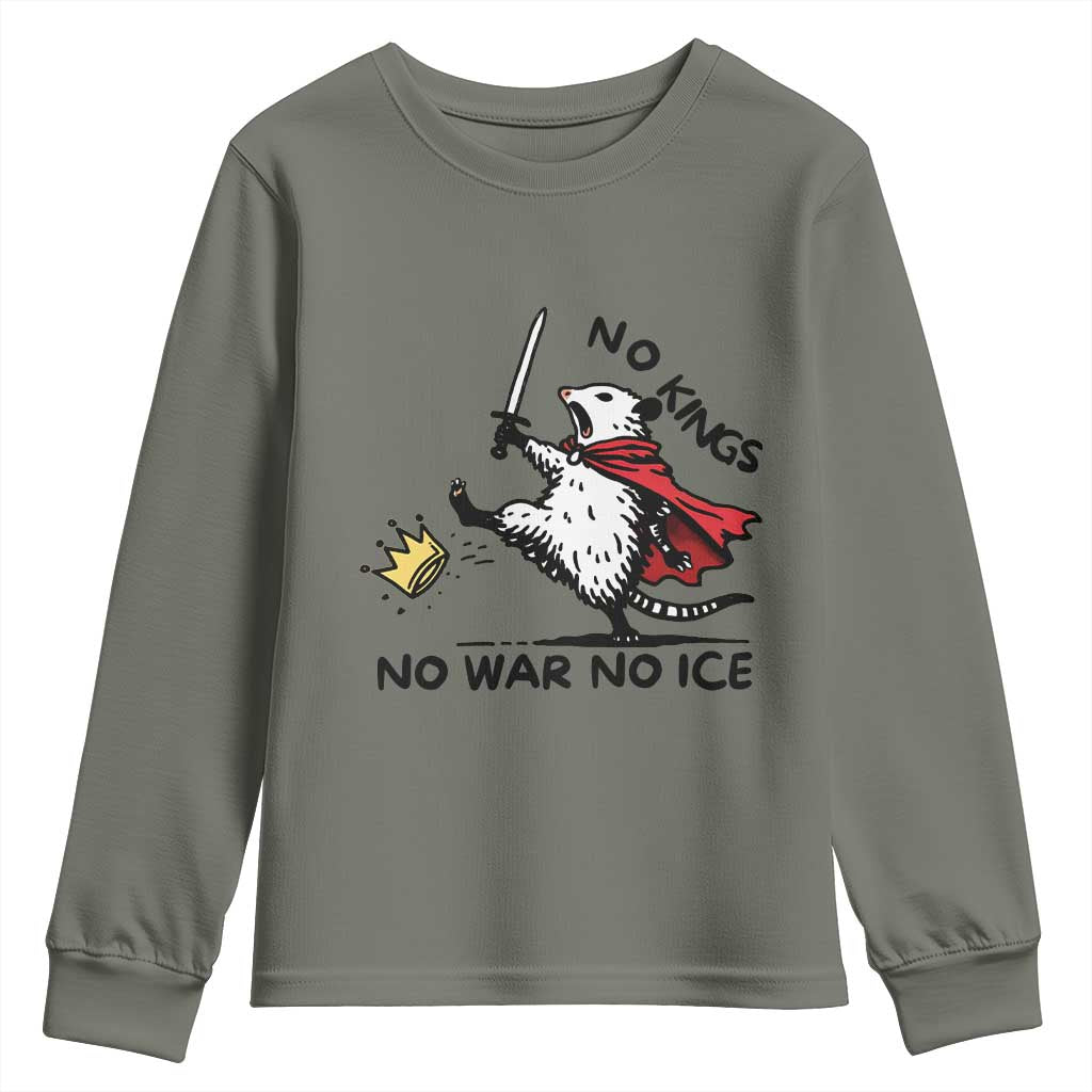 Funny Opossum Warrior Political Gift Youth Sweatshirt No Kings No Wars No Ice TS12 Military Green Print Your Wear