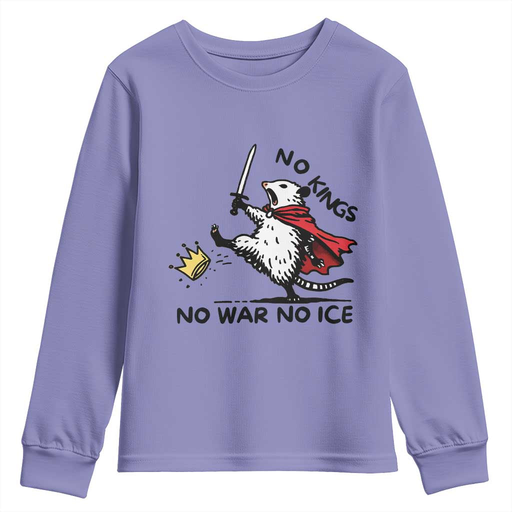 Funny Opossum Warrior Political Gift Youth Sweatshirt No Kings No Wars No Ice TS12 Violet Print Your Wear