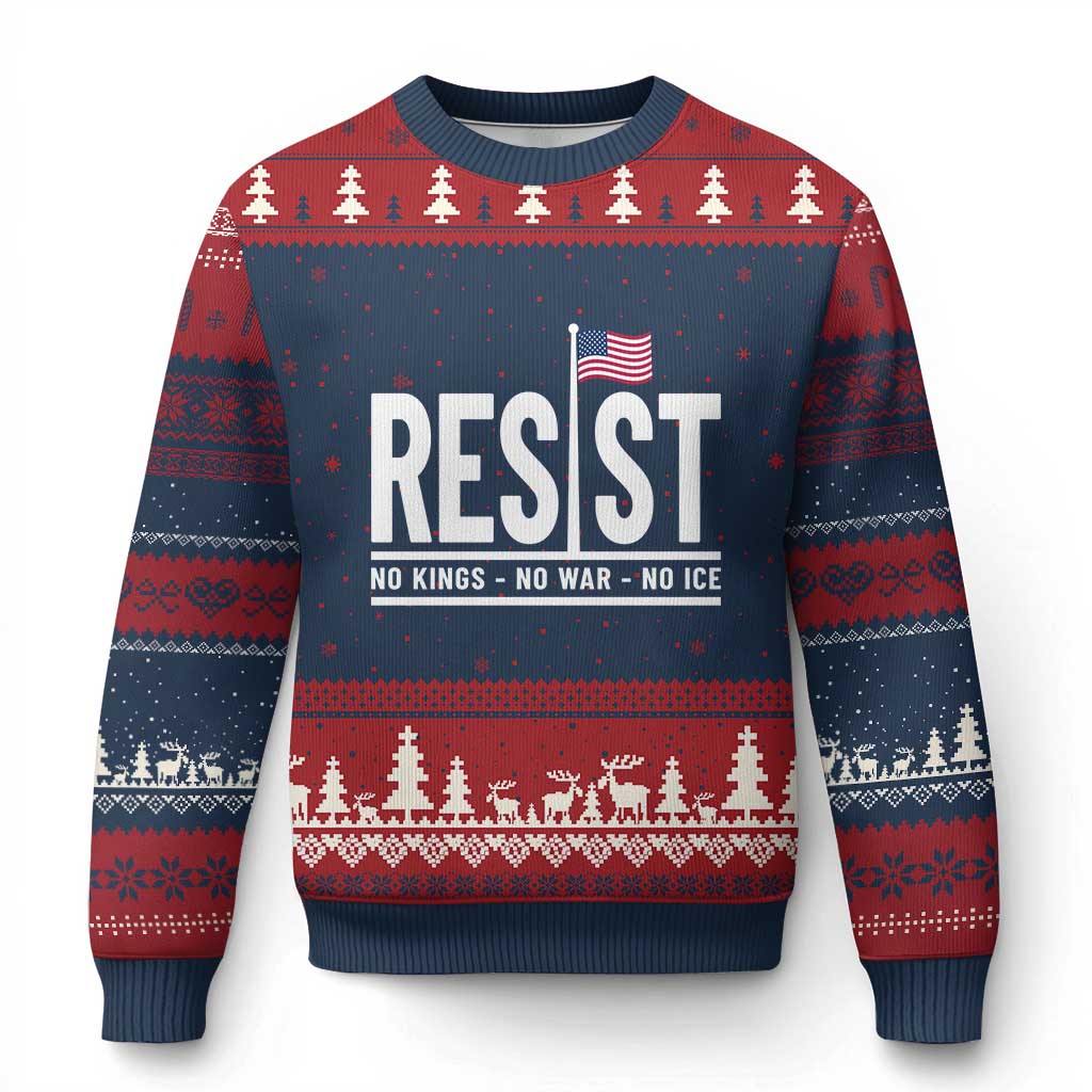 No Kings No Wars No Ice Ugly Christmas Sweater Anti Trump Political TS12 Navy Red Print Your Wear
