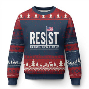No Kings No Wars No Ice Ugly Christmas Sweater Anti Trump Political TS12 Navy Red Print Your Wear
