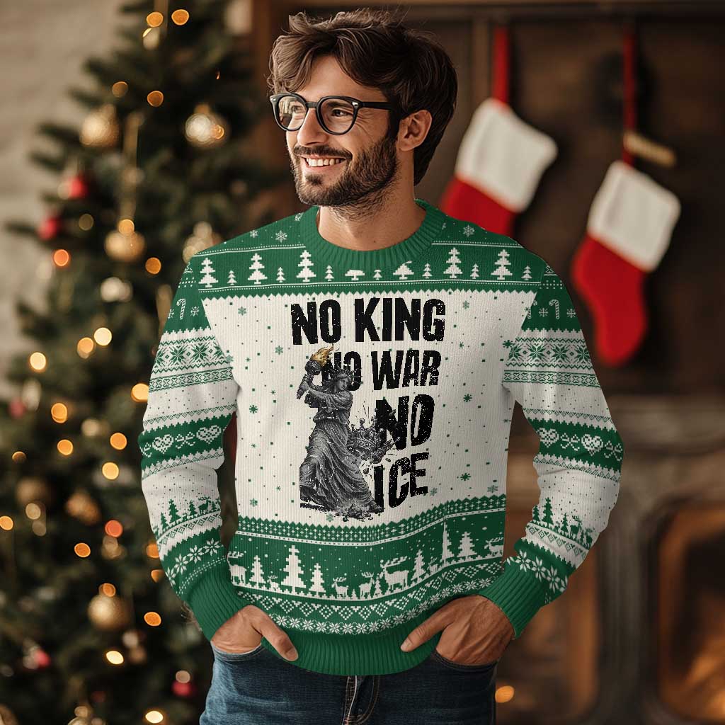 Statue Of Liberty Freedom Protest Ugly Christmas Sweater No Kings No Wars No Ice TS12 Beige Green Print Your Wear