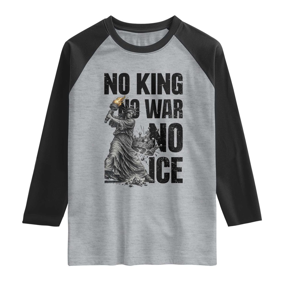 Statue Of Liberty Freedom Protest Raglan Shirt No Kings No Wars No Ice TS12 Heather Gray Black Print Your Wear