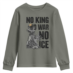 Statue Of Liberty Freedom Protest Youth Sweatshirt No Kings No Wars No Ice TS12 Military Green Print Your Wear
