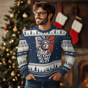 Statue Of Liberty No Kings No War No Ice Ugly Christmas Sweater Freedom Protest Gift TS12 Navy Beige Print Your Wear