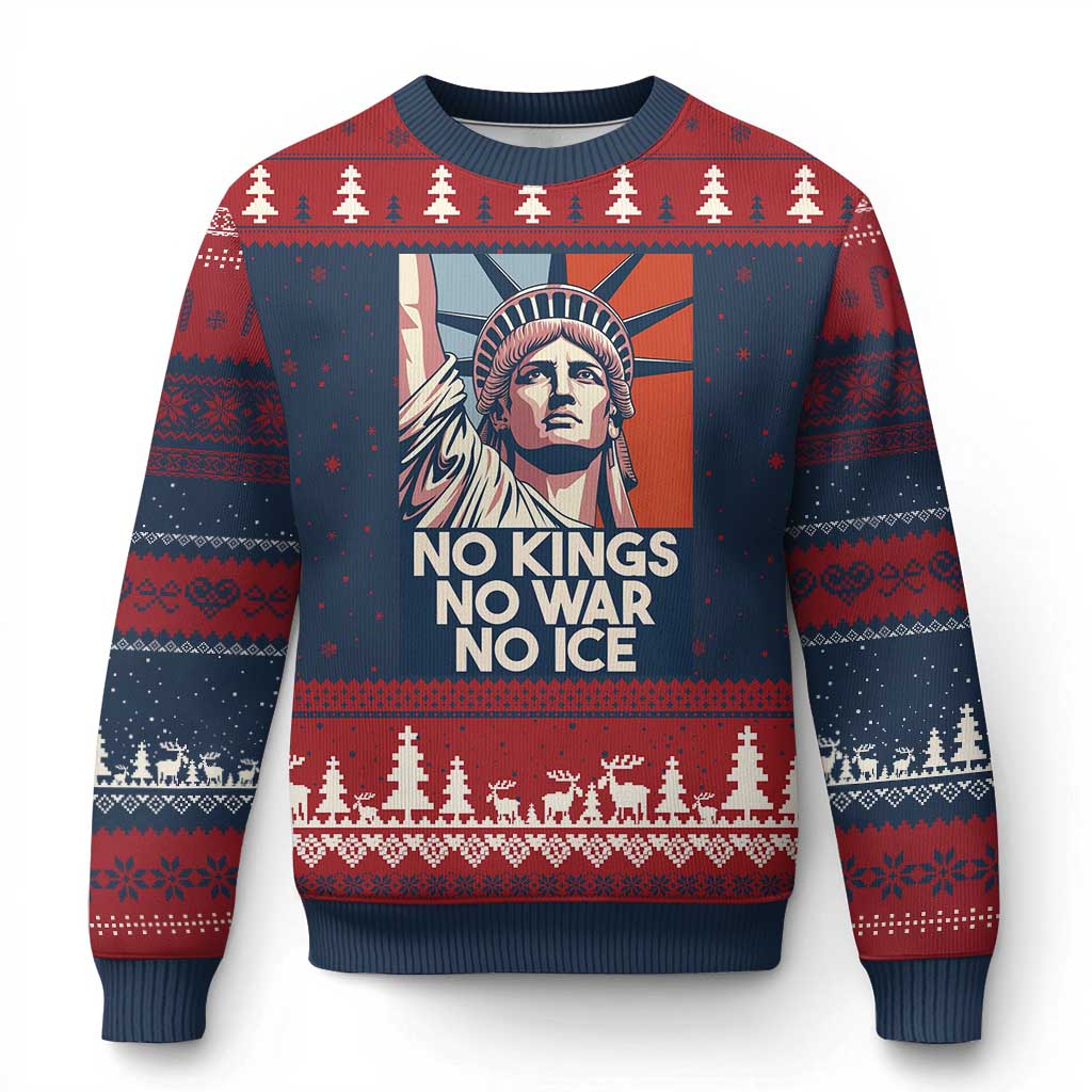 Statue Of Liberty No Kings No War No Ice Ugly Christmas Sweater Freedom Protest Gift TS12 Navy Red Print Your Wear