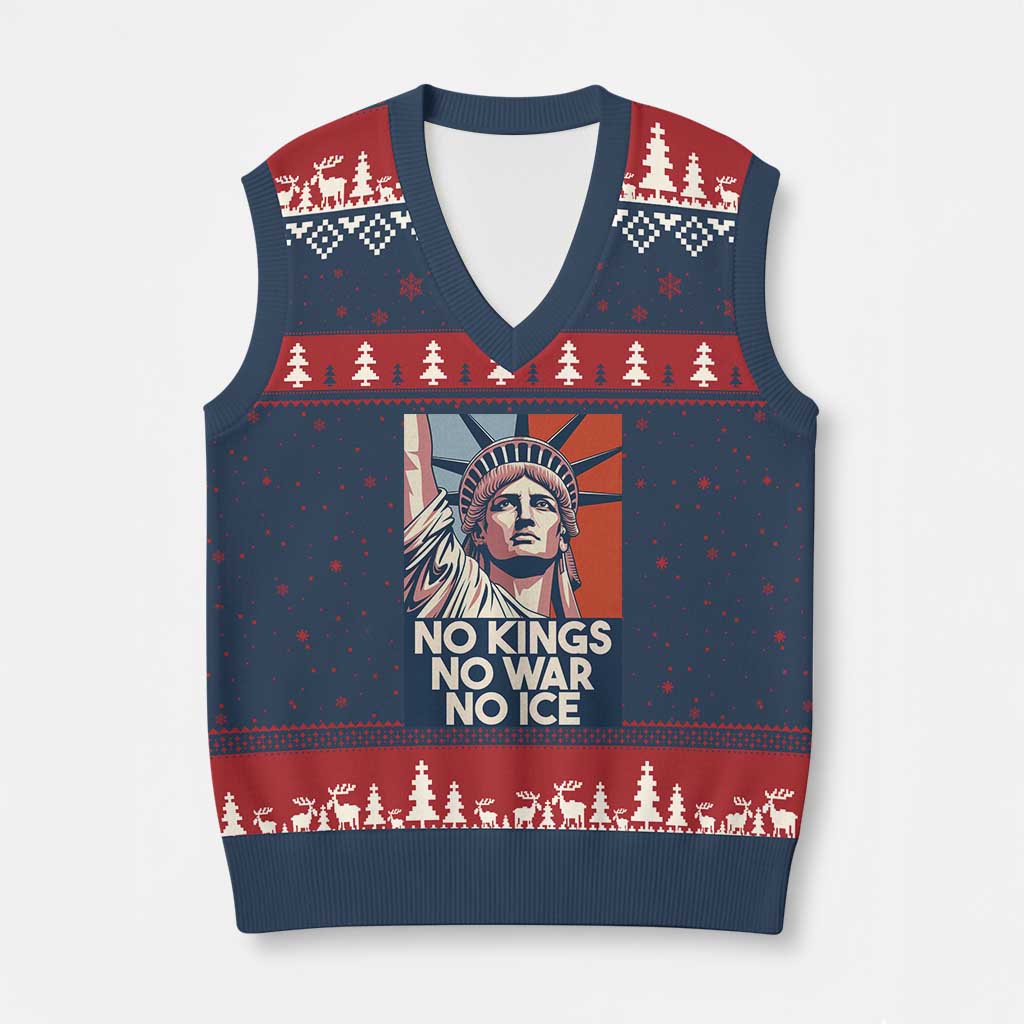 Statue Of Liberty No Kings No War No Ice V-Neck Knit Sweater Vest Freedom Protest Gift TS12 Navy Red Print Your Wear
