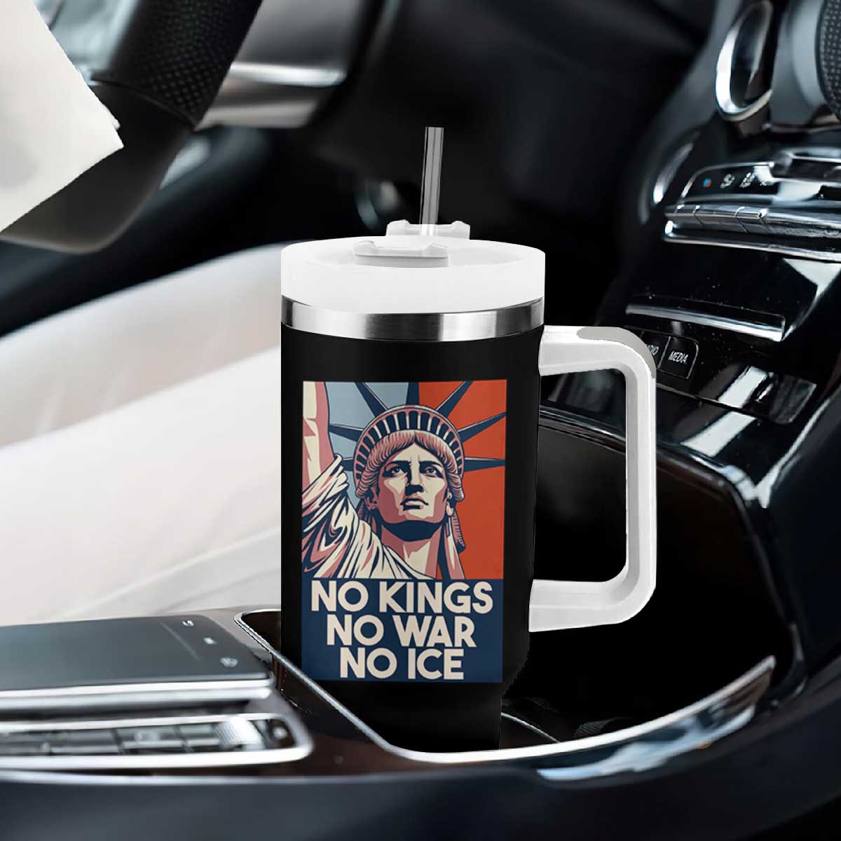 Statue Of Liberty No Kings No War No Ice Tumbler With Handle Freedom Protest Gift TS12 Print Your Wear