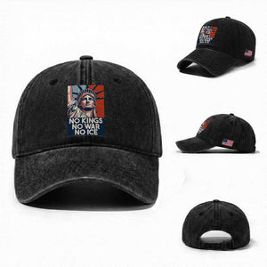 Statue Of Liberty No Kings No War No Ice Washed Cotton Baseball Cap Freedom Protest Gift TS12 Washed Cap Universal Fit Black Print Your Wear