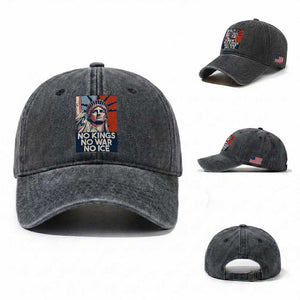 Statue Of Liberty No Kings No War No Ice Washed Cotton Baseball Cap Freedom Protest Gift TS12 Washed Cap Universal Fit Dark Gray Print Your Wear