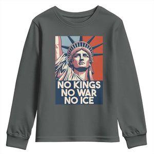 Statue Of Liberty No Kings No War No Ice Youth Sweatshirt Freedom Protest Gift TS12 Dark Heather Print Your Wear