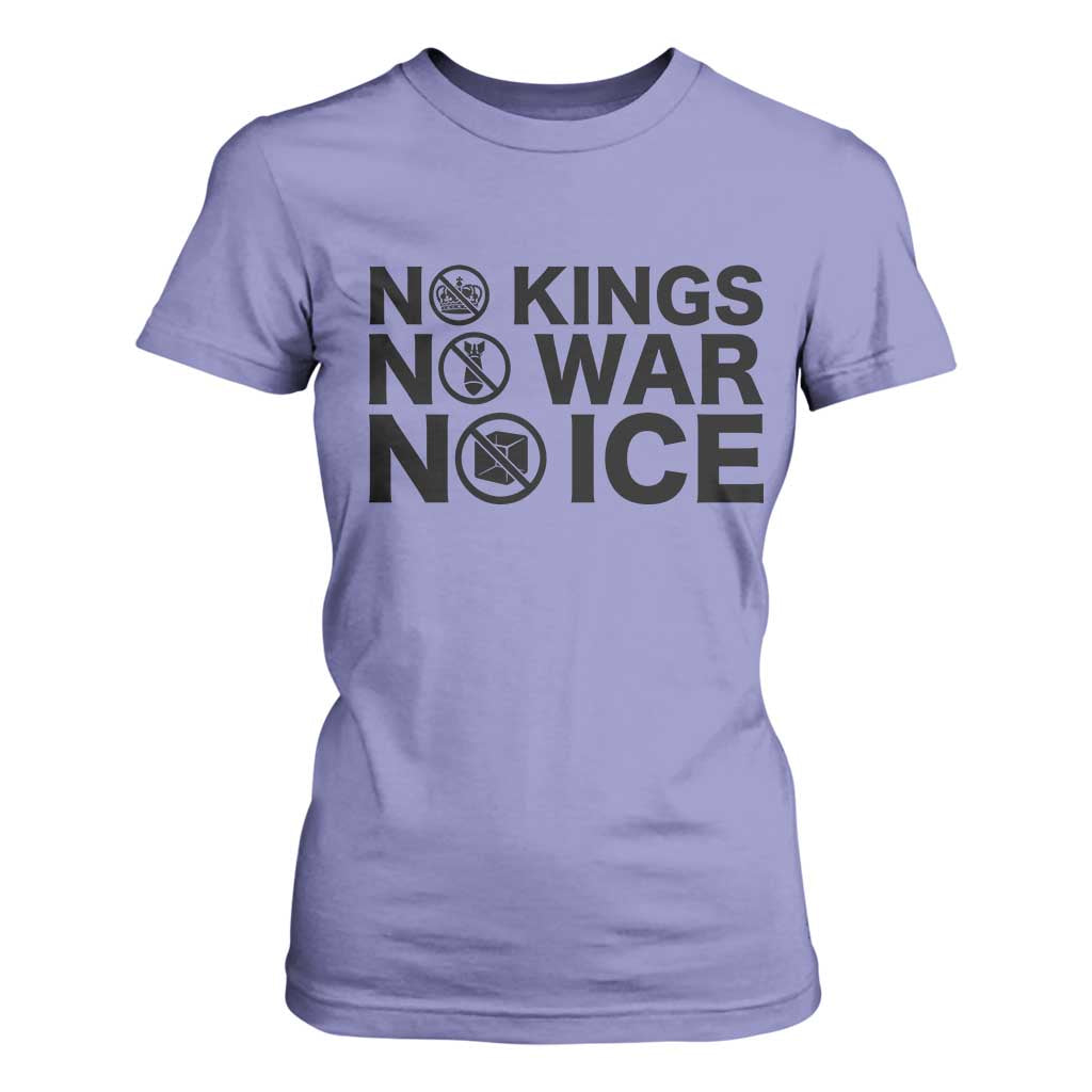 Anti Monarchy Political T Shirt For Women No Kings No Wars No Ice TS12 Violet Print Your Wear