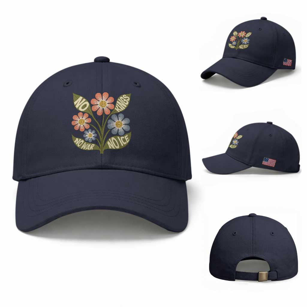 Wildflower Freedom Protest Baseball Cap No Kings No Wars No Ice TS12 Baseball Cap Universal Fit Navy Print Your Wear