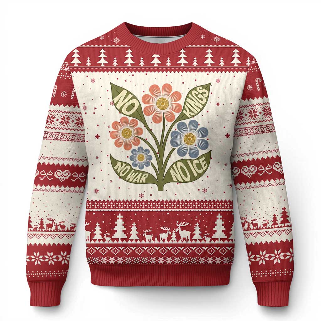 Wildflower Freedom Protest Ugly Christmas Sweater No Kings No Wars No Ice TS12 Beige Red Print Your Wear