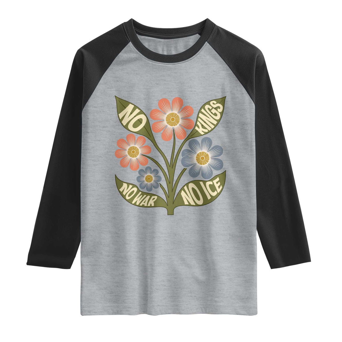 Wildflower Freedom Protest Raglan Shirt No Kings No Wars No Ice TS12 Heather Gray Black Print Your Wear