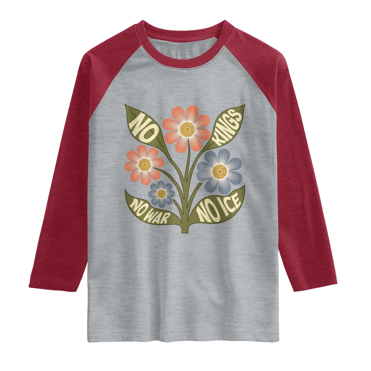 Wildflower Freedom Protest Raglan Shirt No Kings No Wars No Ice TS12 Heather Gray Heather Red Print Your Wear