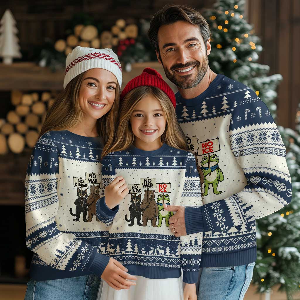 Funny Animal Protest Ugly Christmas Sweater No Kings No Wars No Ice TS12 Beige Navy Print Your Wear