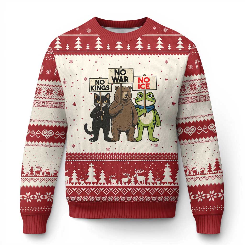 Funny Animal Protest Ugly Christmas Sweater No Kings No Wars No Ice TS12 Beige Red Print Your Wear