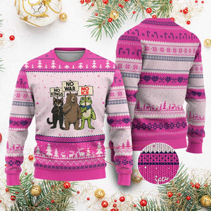 Funny Animal Protest Ugly Christmas Sweater No Kings No Wars No Ice TS12 Hot Pink Print Your Wear