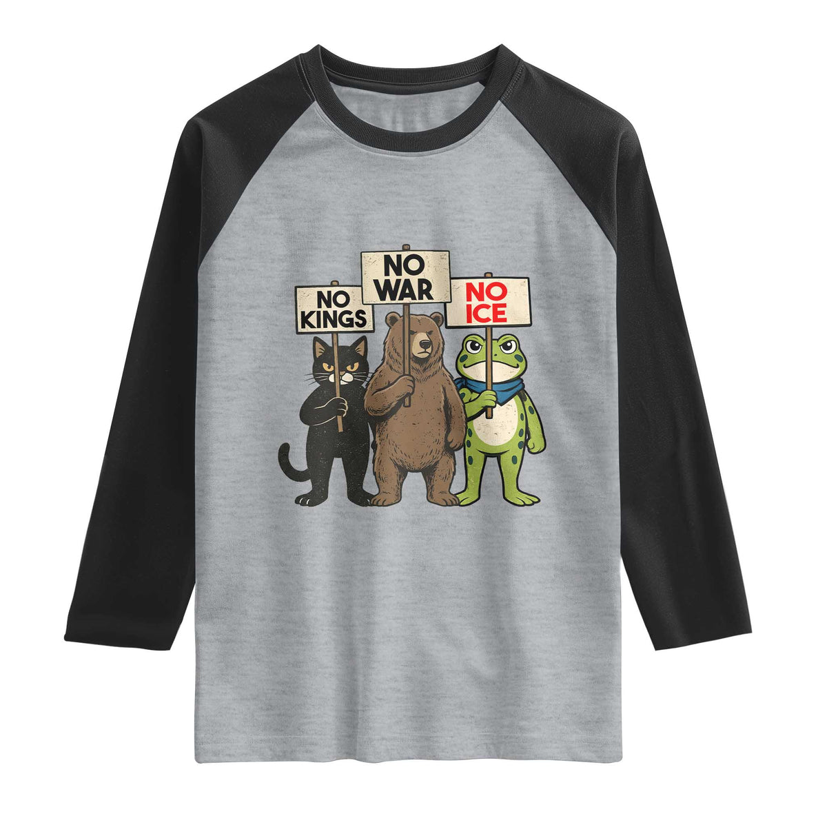 Funny Animal Protest Raglan Shirt No Kings No Wars No Ice TS12 Heather Gray Black Print Your Wear
