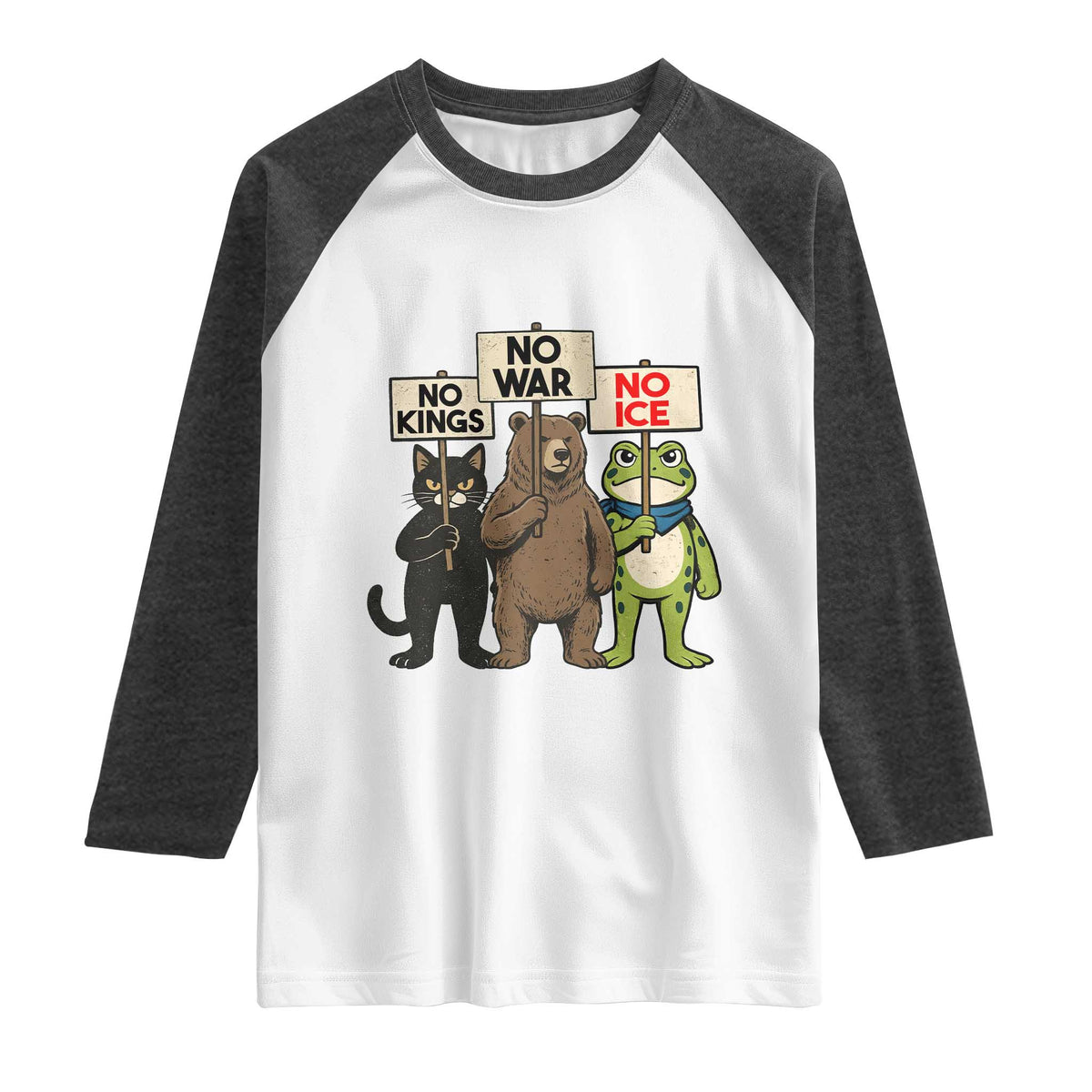 Funny Animal Protest Raglan Shirt No Kings No Wars No Ice TS12 White Heather Charcoal Print Your Wear