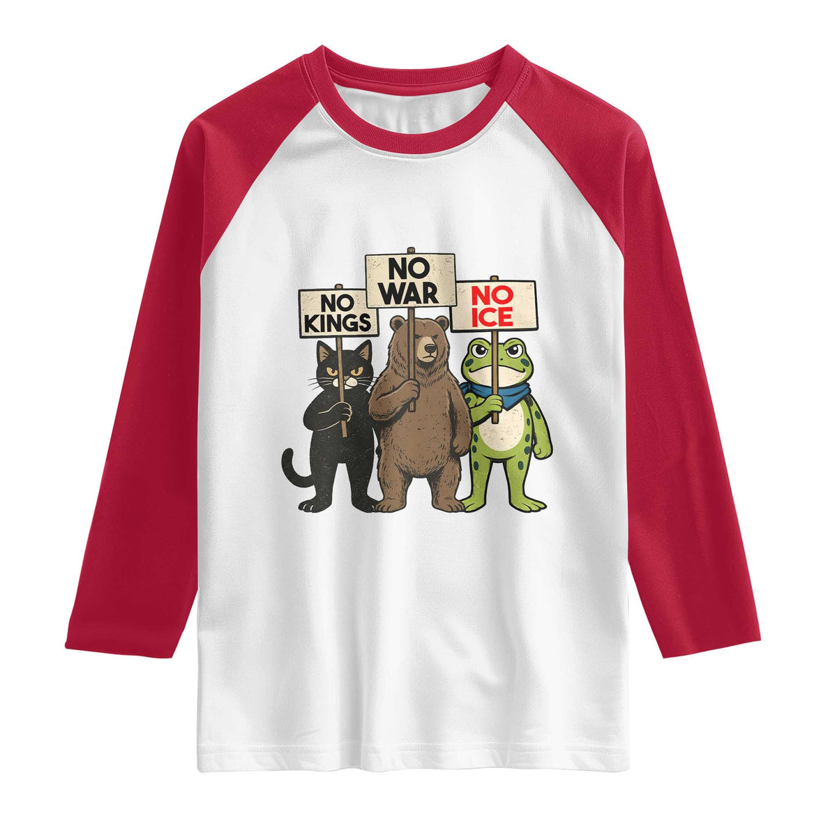 Funny Animal Protest Raglan Shirt No Kings No Wars No Ice TS12 White Red Print Your Wear
