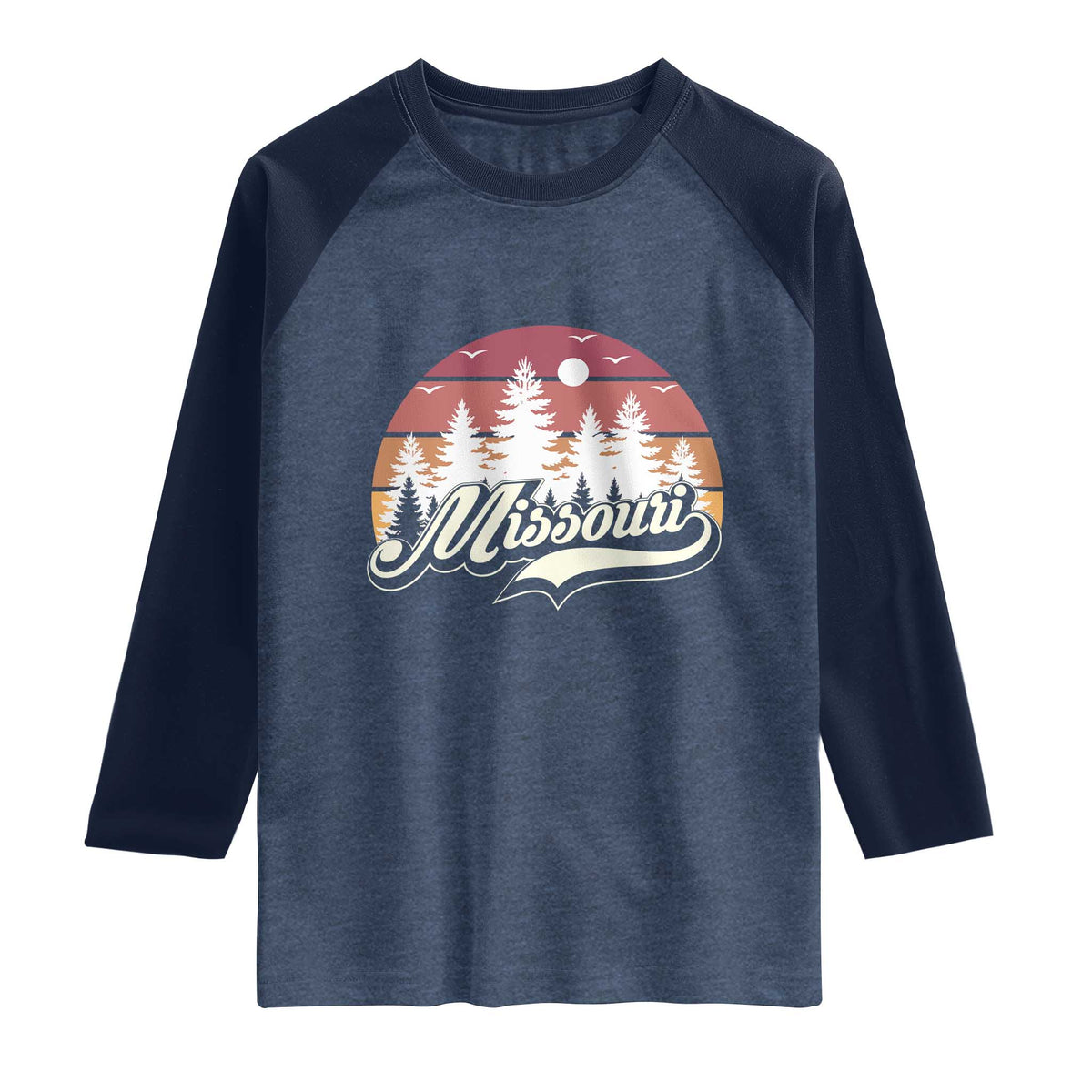 Missouri Travel Gift Raglan Shirt Vintage Forest River Landscape TS12 Heather Denim Navy Print Your Wear