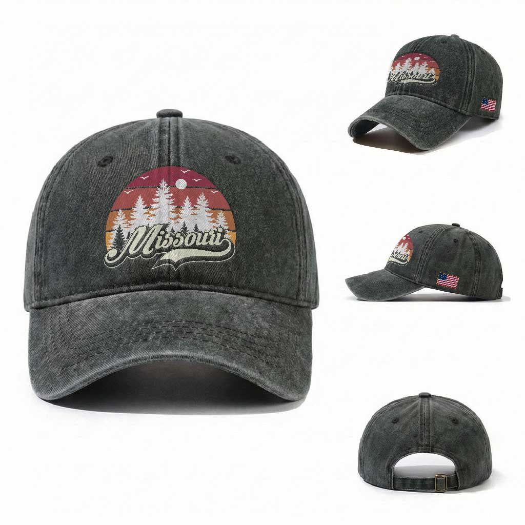 Missouri Travel Gift Washed Cotton Baseball Cap Vintage Forest River Landscape TS12 Washed Cap Universal Fit Dark Green Print Your Wear