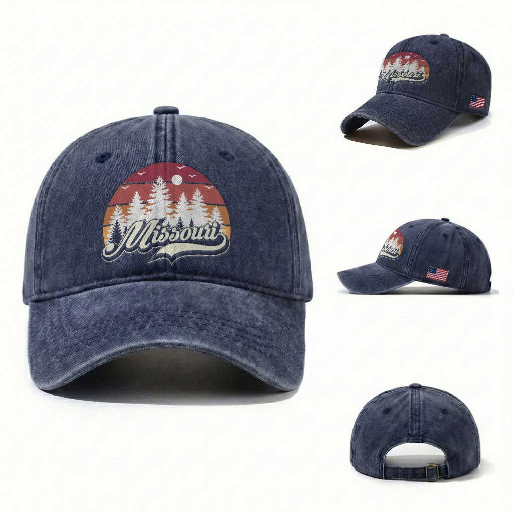 Missouri Travel Gift Washed Cotton Baseball Cap Vintage Forest River Landscape TS12 Washed Cap Universal Fit Navy Print Your Wear