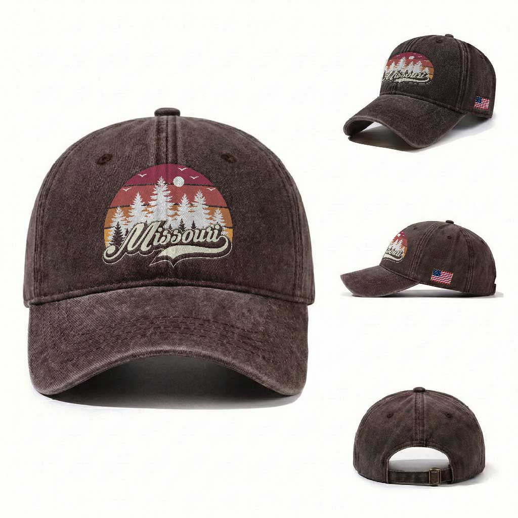 Missouri Travel Gift Washed Cotton Baseball Cap Vintage Forest River Landscape TS12 Washed Cap Universal Fit Dark Brown Print Your Wear