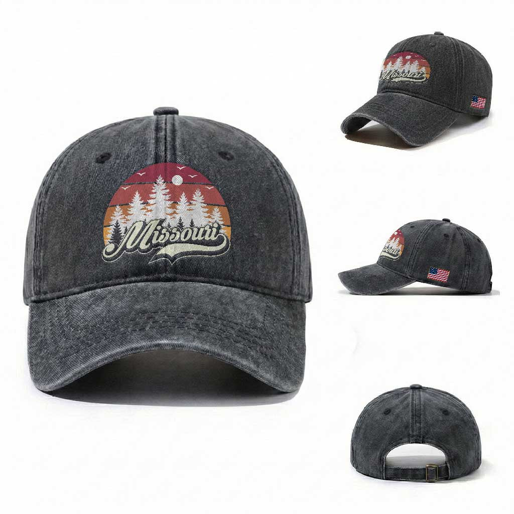Missouri Travel Gift Washed Cotton Baseball Cap Vintage Forest River Landscape TS12 Washed Cap Universal Fit Dark Gray Print Your Wear