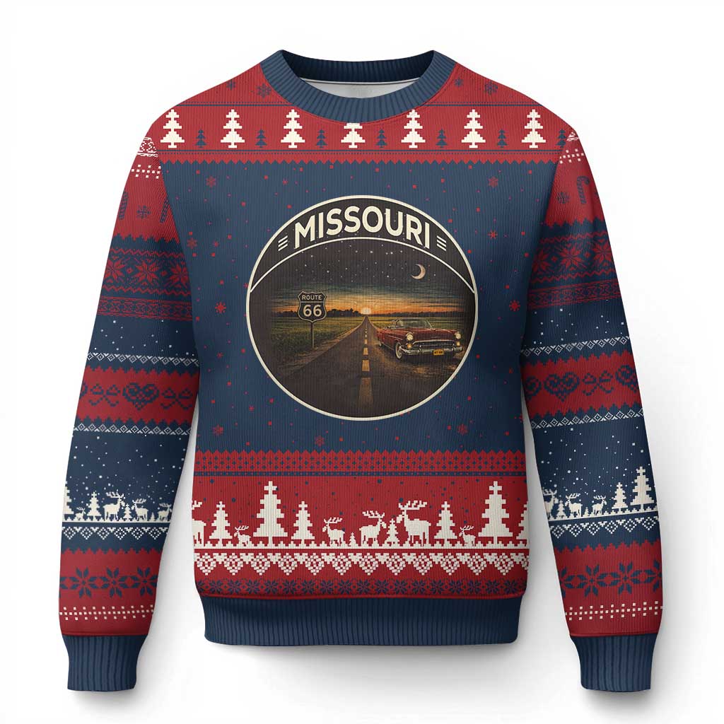 Missouri State Route Highway 66 Ugly Christmas Sweater Mother Road Travel Gift TS12 Navy Red Print Your Wear