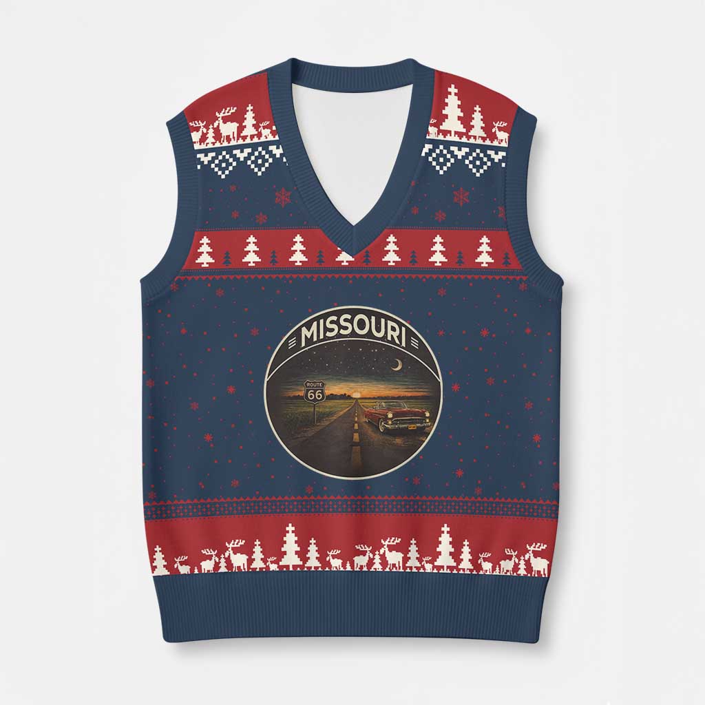 Missouri State Route Highway 66 V-Neck Knit Sweater Vest Mother Road Travel Gift TS12 Navy Red Print Your Wear