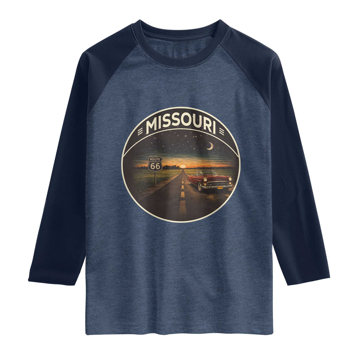 Missouri State Route Highway 66 Raglan Shirt Mother Road Travel Gift TS12 Heather Denim Navy Print Your Wear