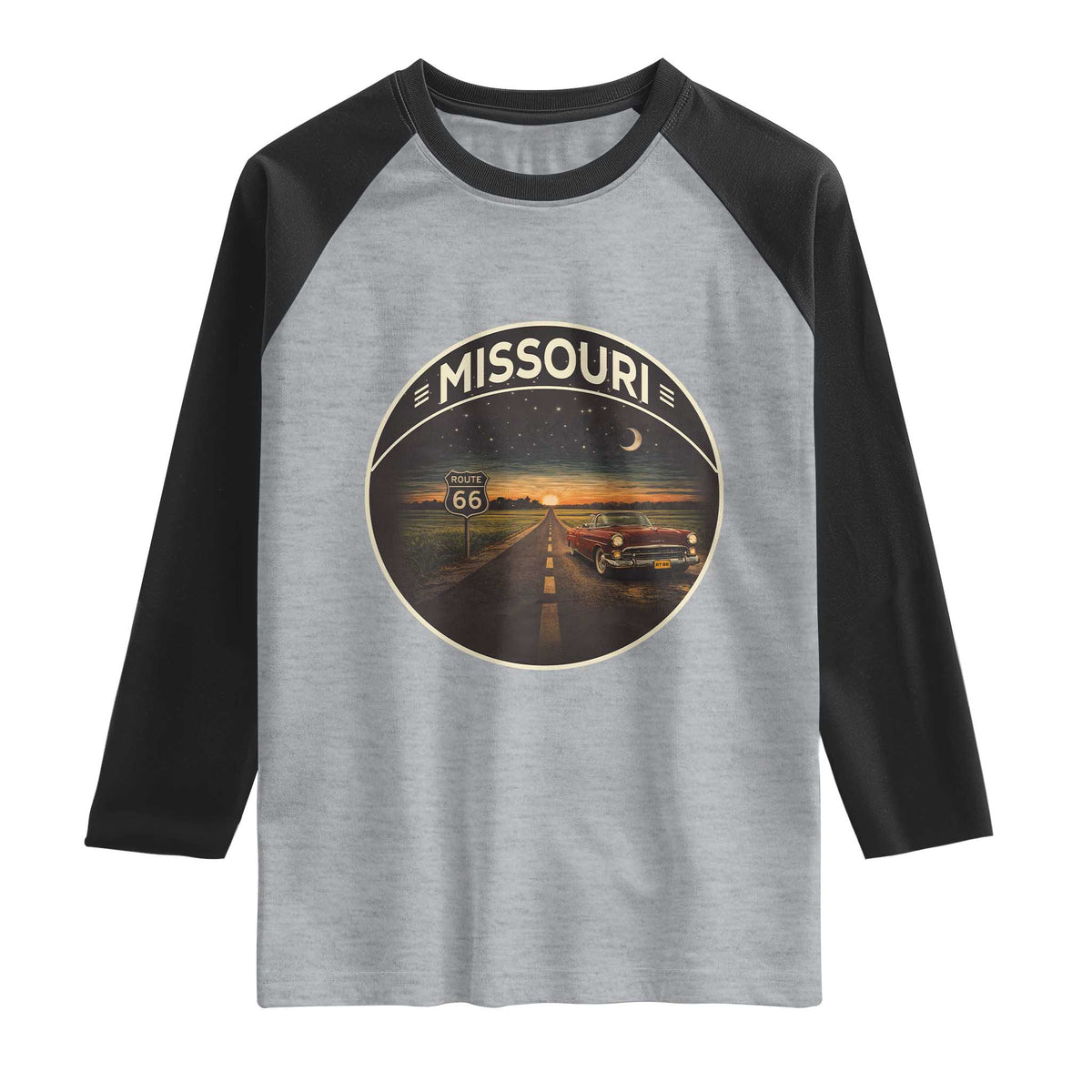 Missouri State Route Highway 66 Raglan Shirt Mother Road Travel Gift TS12 Heather Gray Black Print Your Wear