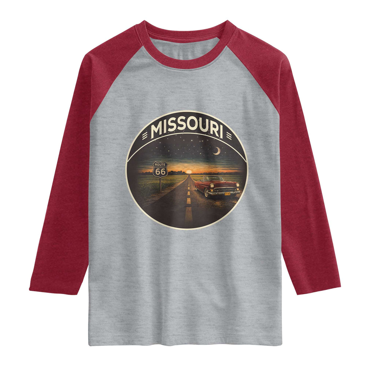 Missouri State Route Highway 66 Raglan Shirt Mother Road Travel Gift TS12 Heather Gray Heather Red Print Your Wear