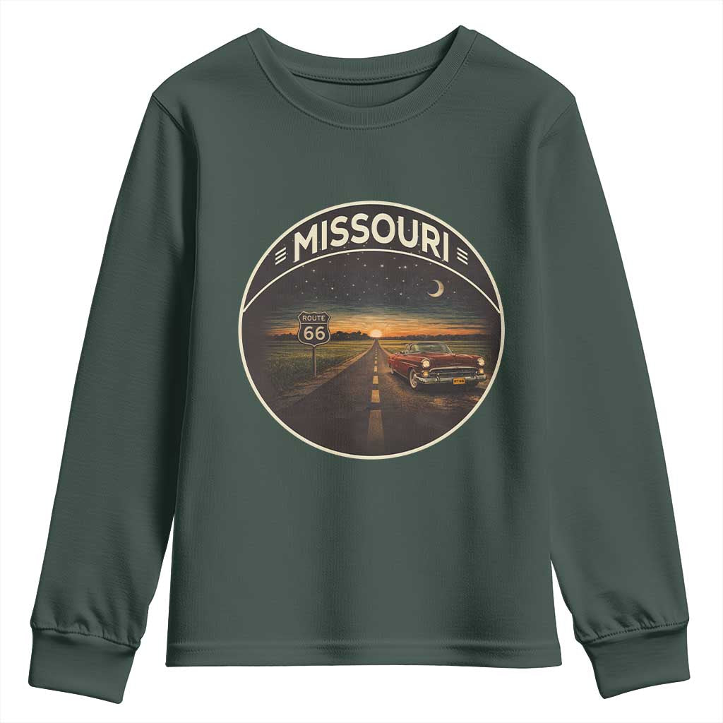 Missouri State Route Highway 66 Youth Sweatshirt Mother Road Travel Gift TS12 Dark Forest Green Print Your Wear