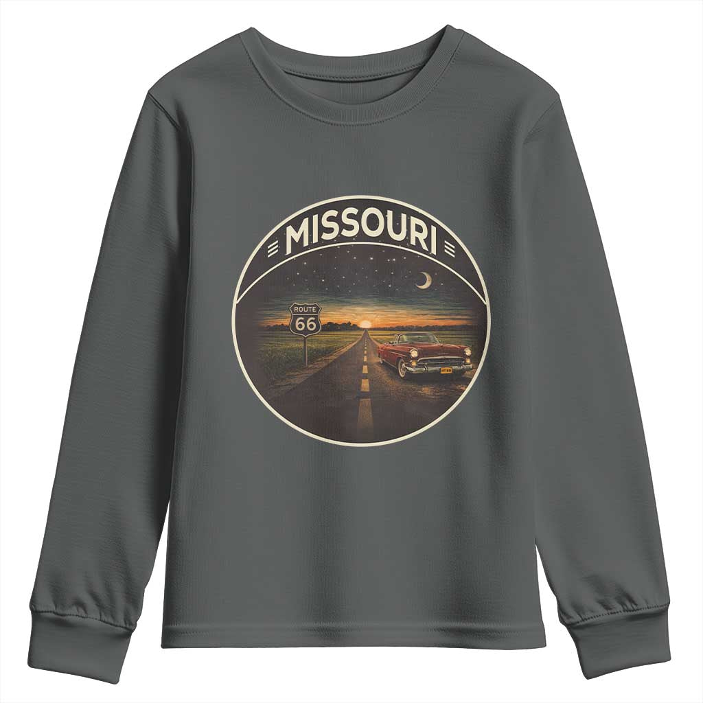 Missouri State Route Highway 66 Youth Sweatshirt Mother Road Travel Gift TS12 Dark Heather Print Your Wear