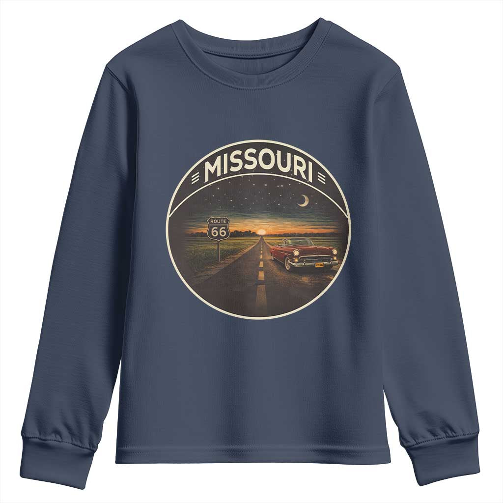 Missouri State Route Highway 66 Youth Sweatshirt Mother Road Travel Gift TS12 Navy Print Your Wear