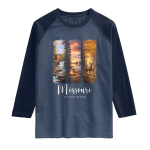 Missouri The Show Me State Raglan Shirt Midwest Pride TS12 Heather Denim Navy Print Your Wear