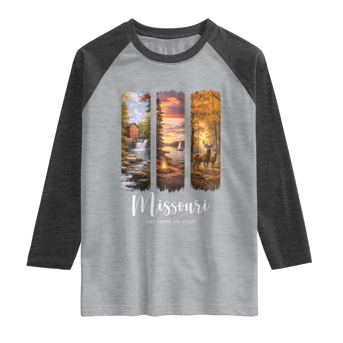 Missouri The Show Me State Raglan Shirt Midwest Pride TS12 Heather Gray Heather Charcoal Print Your Wear
