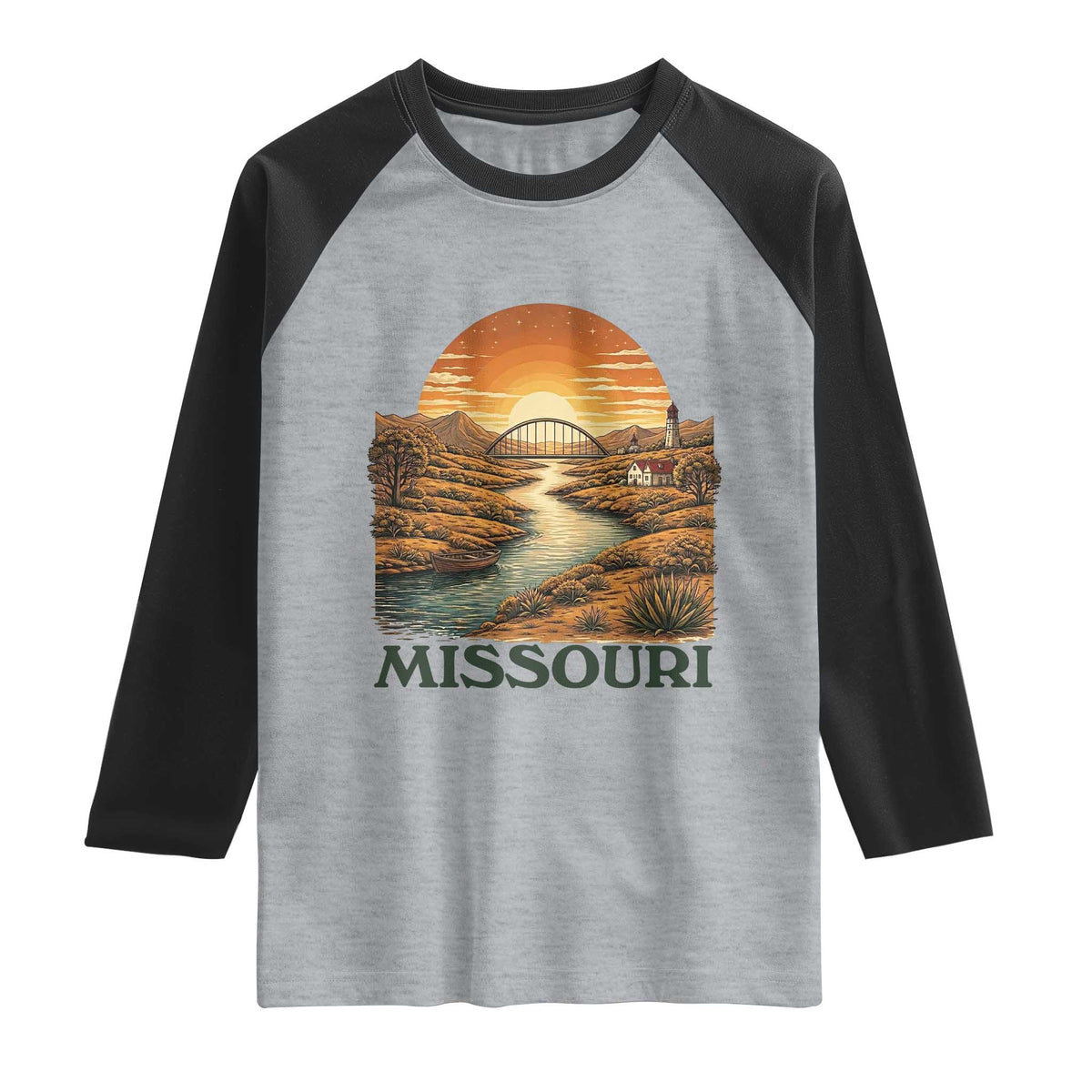 Missouri Outdoors Adventure Raglan Shirt The Show Me State Souvenir TS12 Heather Gray Black Print Your Wear