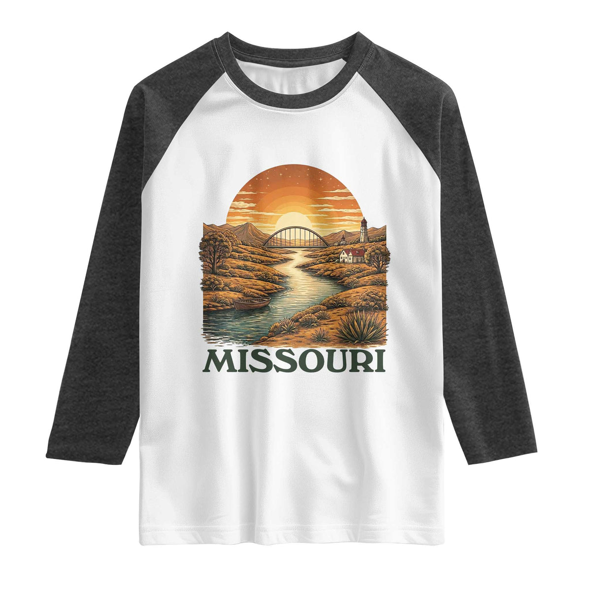 Missouri Outdoors Adventure Raglan Shirt The Show Me State Souvenir TS12 White Heather Charcoal Print Your Wear