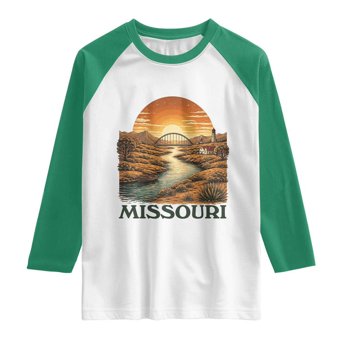 Missouri Outdoors Adventure Raglan Shirt The Show Me State Souvenir TS12 White Kelly Green Print Your Wear