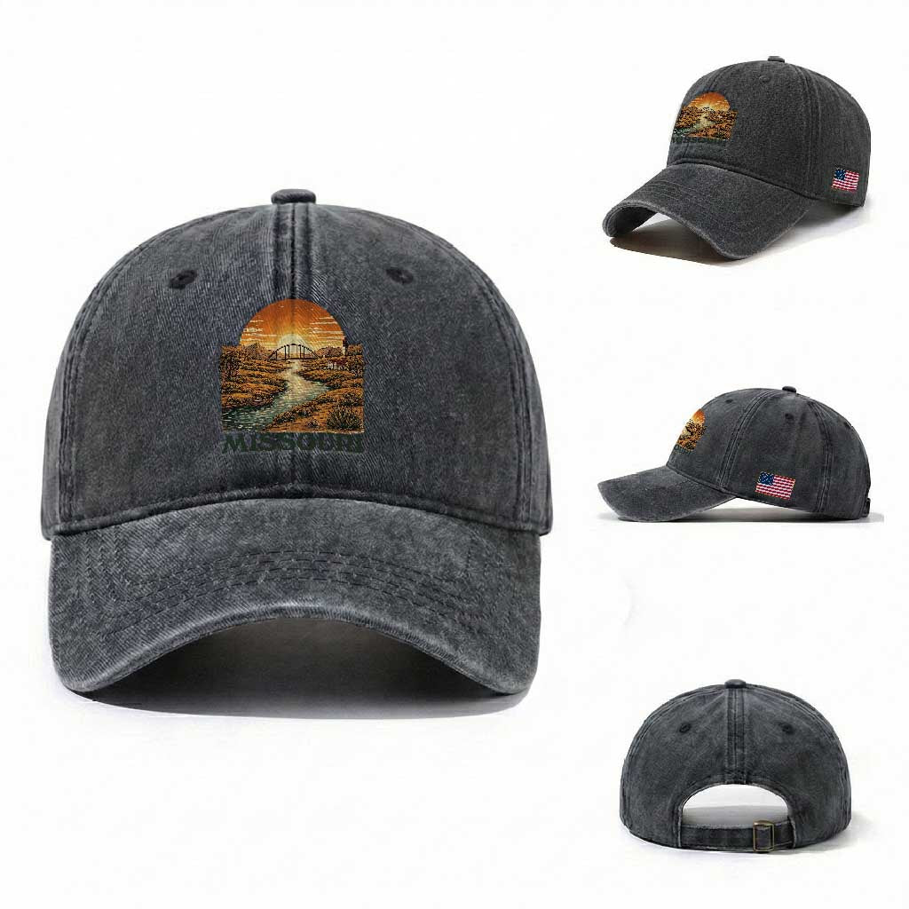 Missouri Outdoors Adventure Washed Cotton Baseball Cap The Show Me State Souvenir TS12 Washed Cap Universal Fit Dark Gray Print Your Wear
