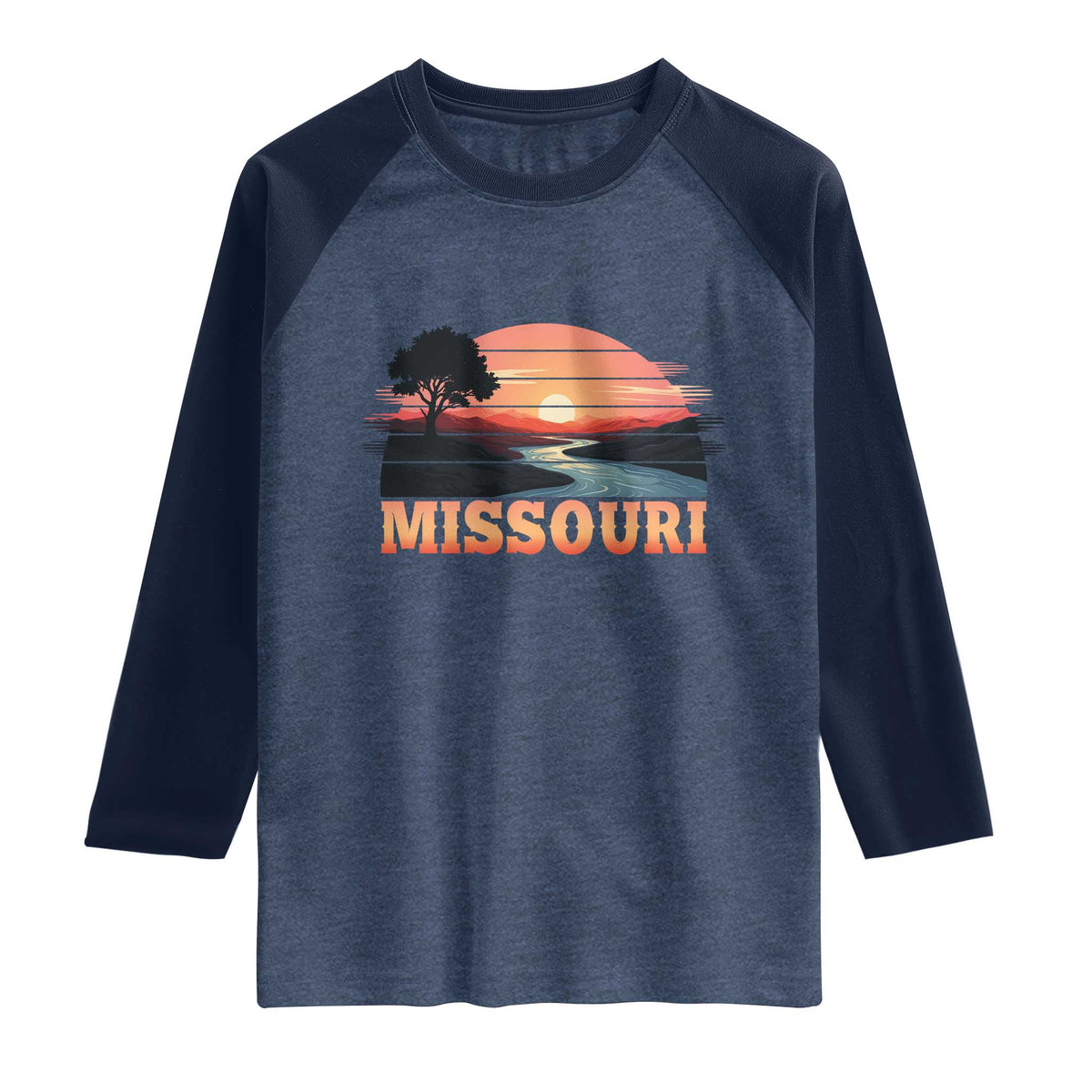Vintage Missouri Outdoors Raglan Shirt Midwest Nature Landscape TS12 Heather Denim Navy Print Your Wear