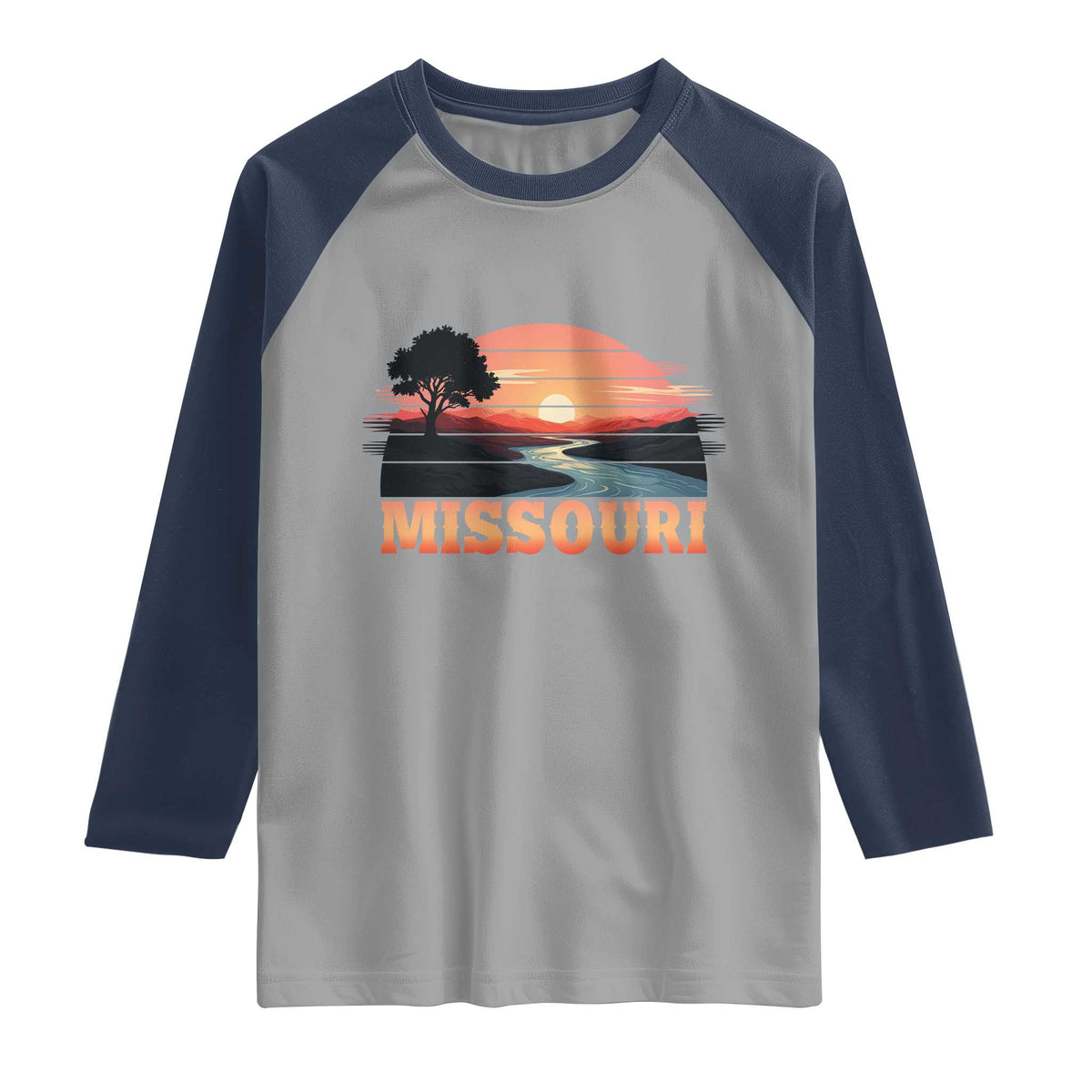 Vintage Missouri Outdoors Raglan Shirt Midwest Nature Landscape TS12 Sport Gray Navy Print Your Wear